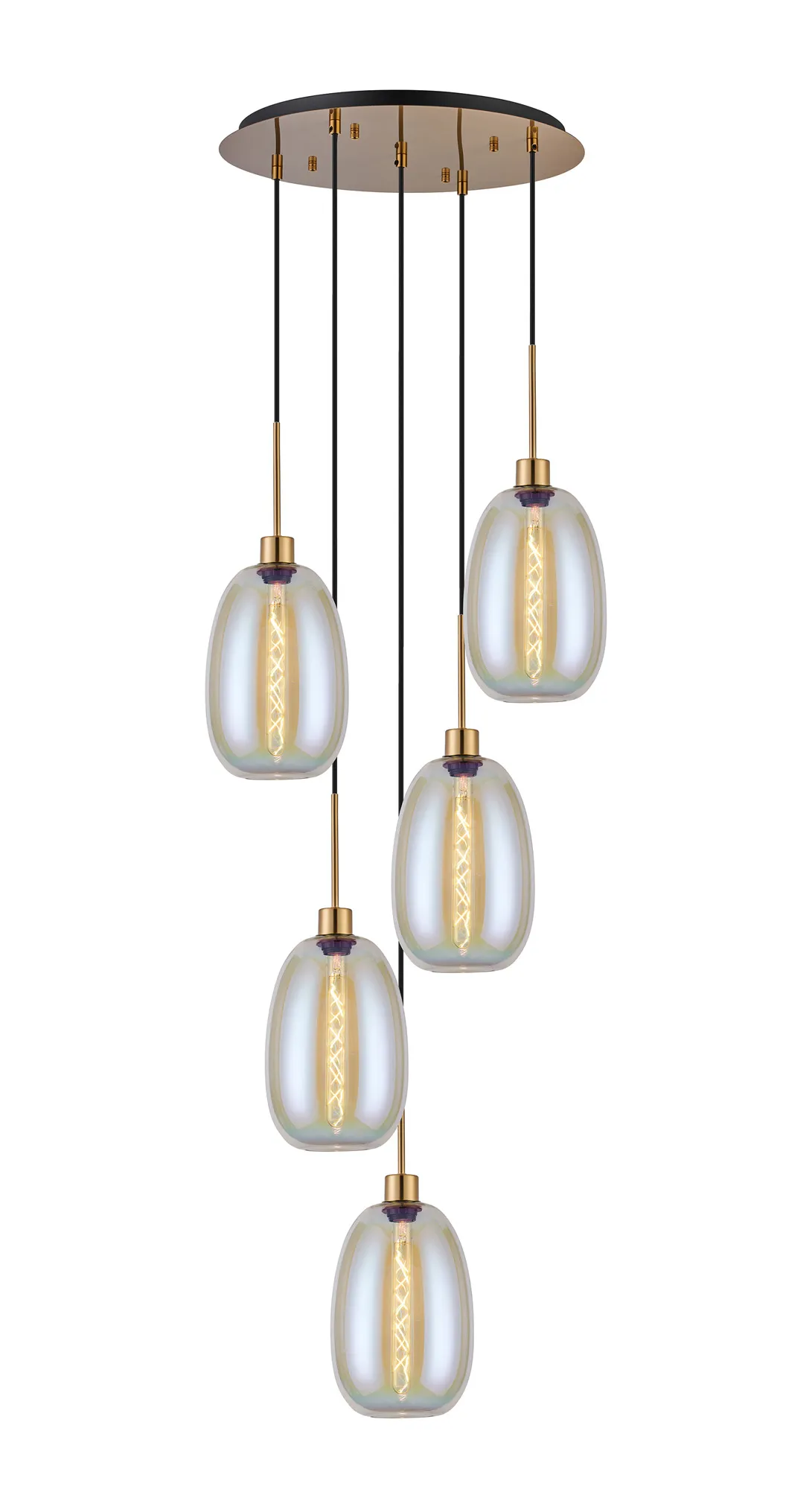 DK1189  Lori cm Round Pendant, 5 Light Adjustable E27, Antique Gold/Iridescent Slim Curved Trapezium Shades